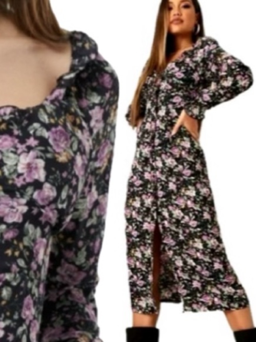 Missguided Floral Button Front Milkmaid Midi Dress Size 2 Ruffle Long Sleeve